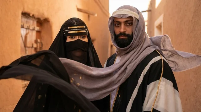 Saudi Couple in Traditional Historical Clothing at Heritage Site