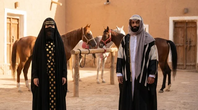 Saudi Couple in Traditional Clothing with Horses