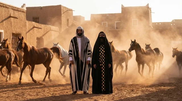 رجل وامرأة سعوديان مع خيول عربية في قرية تراثية