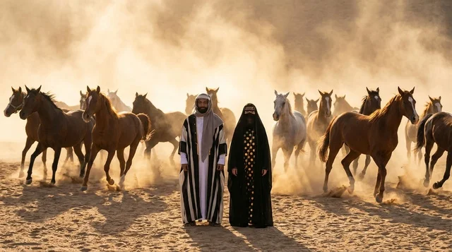 رجل وامرأة سعوديان مع خيول عربية في الصحراء