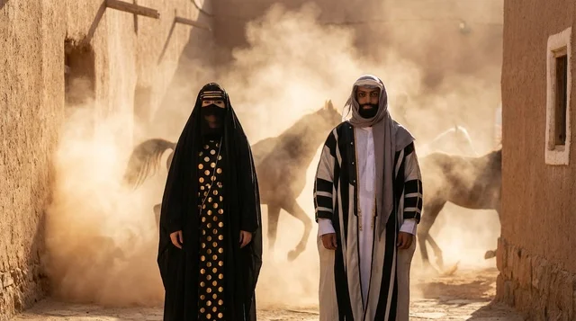 رجل وامرأة بزي سعودي تقليدي مع خيول راكضة