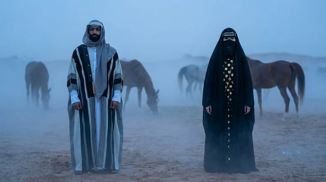 Saudi Man and Woman in Heritage Dress with Horses