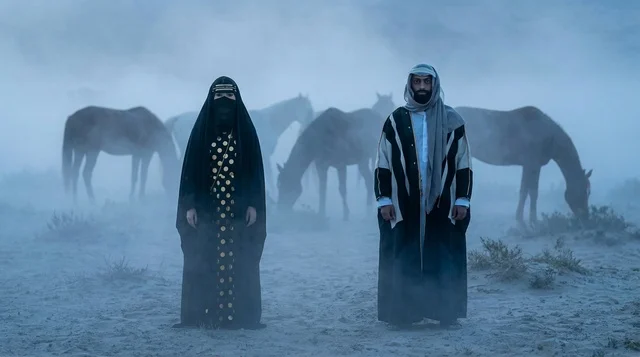 رجل وامرأة بزي إماراتي تقليدي مع خيول في الضباب