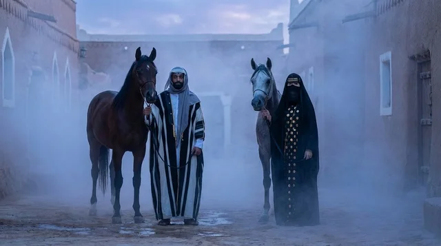 Saudi Couple with Arabian Horses in Heritage Village