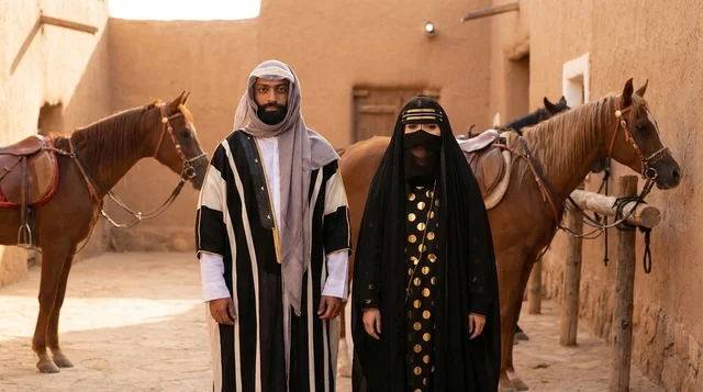 رجل وامرأة سعوديان بملابس تراثية مع الخيل