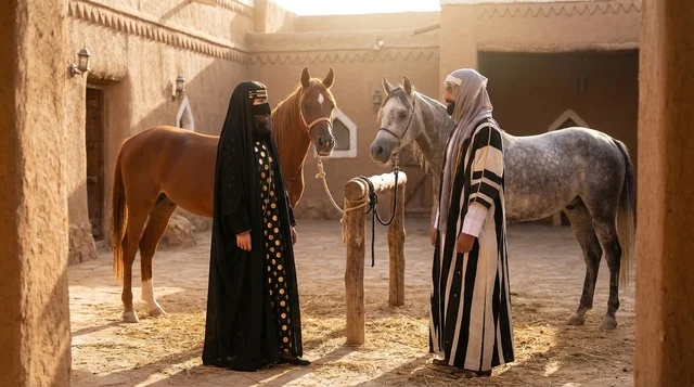 Saudi Couple Traditional Attire Arabian Horses Heritage