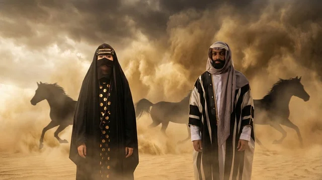 رجل وامرأة سعوديان بالزي التقليدي مع خيول في الصحراء