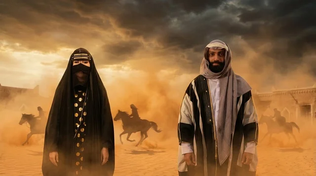 Emirati Couple in Traditional Dress in Desert Sandstorm