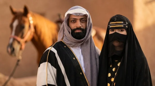 Saudi Couple in Traditional Attire with Arabian Horse Saudi Couple in Traditional Attire with Arabian Horse