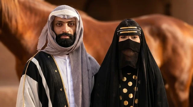 Saudi Man and Woman in Traditional Attire with Horse