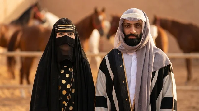رجل وامرأة بزي إماراتي تقليدي في إسطبل خيول