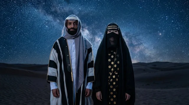 Emirati Couple in Traditional Dress Under Starry Desert Sky