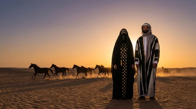 زوجان سعوديان بالزي التقليدي مع خيول في الصحراء