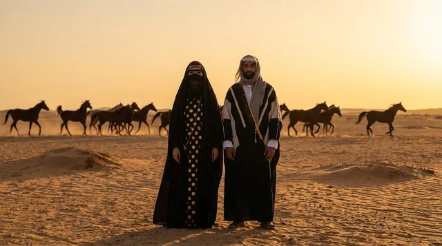 زوجان سعوديان بالزي التقليدي مع خيول عند الغروب