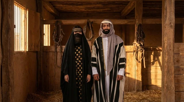 رجل وامرأة سعوديان بملابس تراثية في إسطبل خشبي