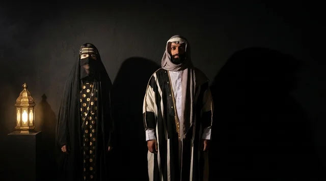 Saudi Man and Woman in Traditional Attire with Lantern