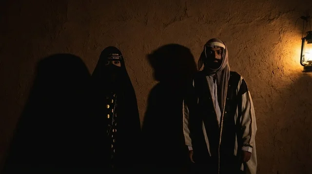 Traditional Emirati Couple Standing by Lantern at Night