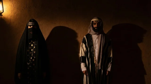 Saudi Couple in Traditional Dress by Mud Wall