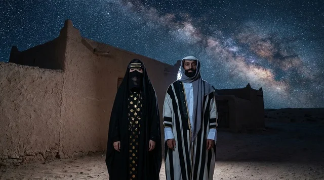رجل وامرأة سعوديان بالزي التقليدي تحت سماء مرصعة بالنجوم رجل وامرأة سعوديان بالزي التقليدي تحت سماء مرصعة بالنجوم
