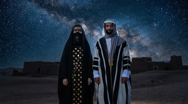 Emirati Couple in Traditional Dress Under Milky Way