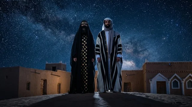 زوجان سعوديان بالزي التقليدي تحت سماء مرصعة بالنجوم