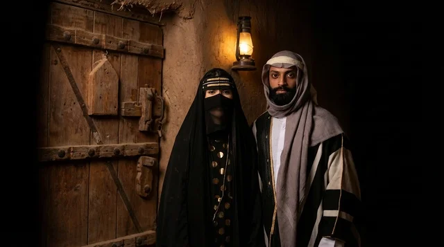 زوجان سعوديان بالزي التقليدي في بيت طيني قديم