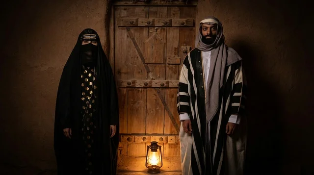 Saudi Couple in Traditional Attire with Oil Lantern