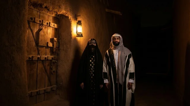 Saudi Couple in Traditional Heritage Clothing at Night