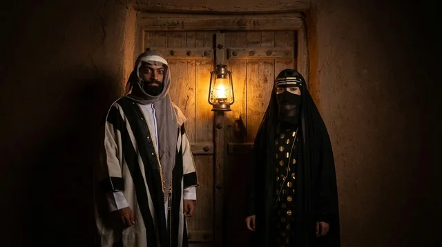 Saudi Man and Woman in Traditional Attire by Heritage Door
