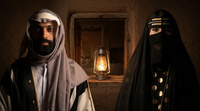 رجل وامرأة سعوديين بالزي التراثي في بيت طيني