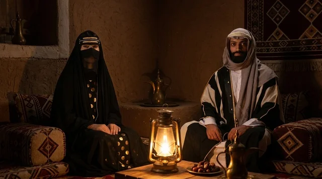 Emirati Couple in Traditional Dress with Heritage Lantern