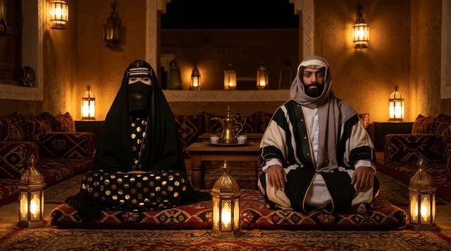 Emirati Couple in Traditional Majlis with Lanterns