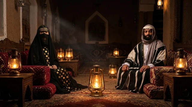 رجل وامرأة سعوديان بالزي التقليدي في مجلس تراثي قديم