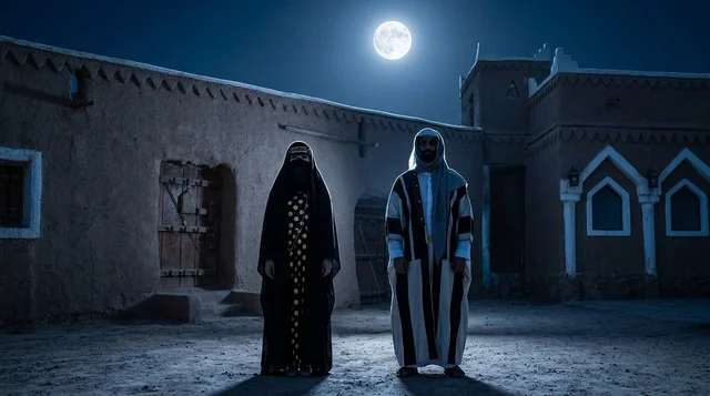 Saudi Couple in Traditional Attire at Night Heritage Site