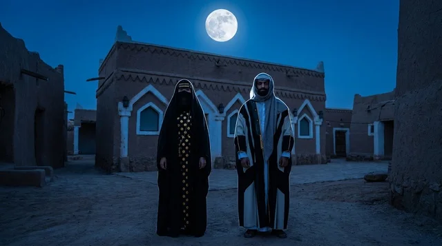 Saudi Couple in Traditional Attire at Night Heritage Village