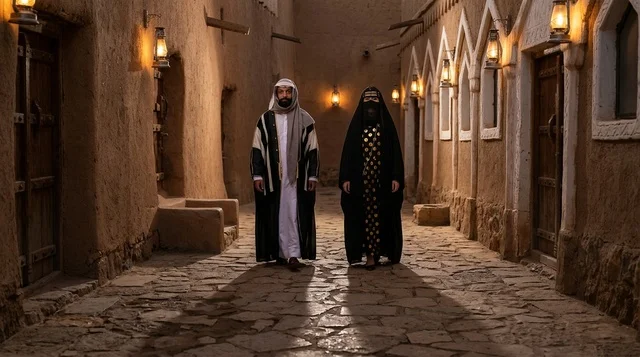 Saudi Couple in Traditional Dress in Heritage Alleyway