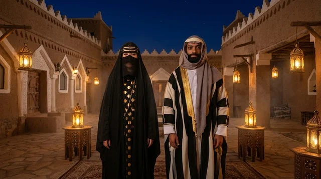 رجل وامرأة بالزي السعودي التقليدي في موقع تراثي