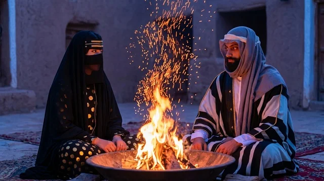 رجل وامرأة سعوديان بالزي التقليدي حول شبة نار
