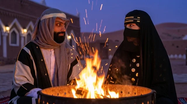 زوجان سعوديان بالزي التقليدي حول شبة النار ليلاً