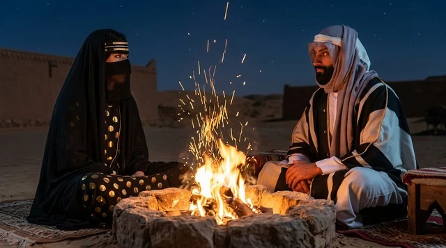 Saudi Man and Woman Sitting by Campfire in Desert at Night