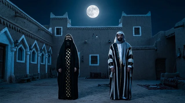 رجل وامرأة سعوديان بالزي التقليدي في موقع تراثي ليلاً