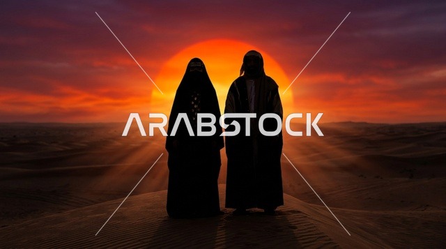 Saudi Couple in Traditional Dress at Desert Sunset