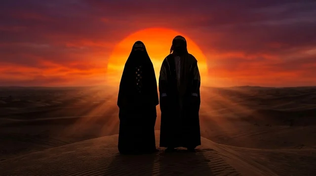 Saudi Couple in Traditional Dress at Desert Sunset