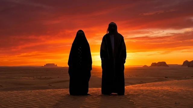 رجل وامرأة سعوديان في الصحراء وقت الغروب