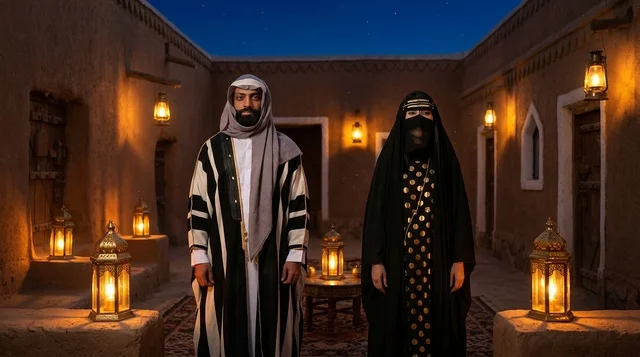 زوجين سعوديين بالزي التقليدي في بيت طيني تراثي