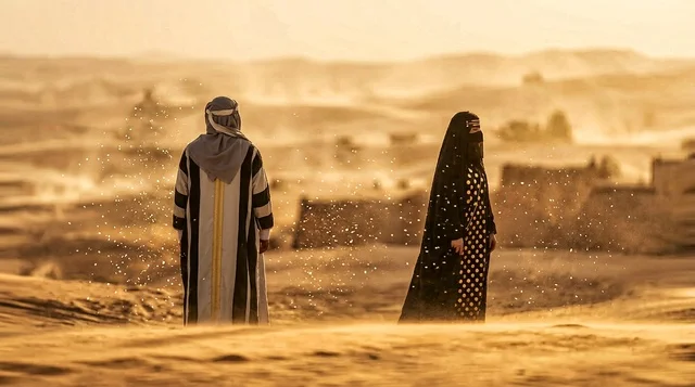 Emirati Couple in Traditional Attire in Desert Sandstorm Emirati Couple in Traditional Attire in Desert Sandstorm