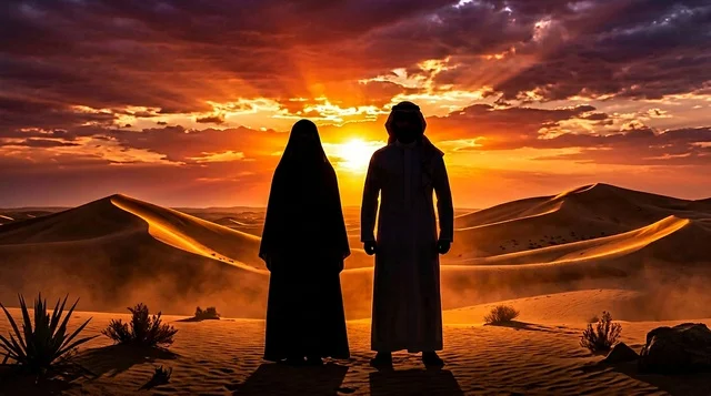 رجل وامرأة بزي سعودي في الصحراء وقت الغروب