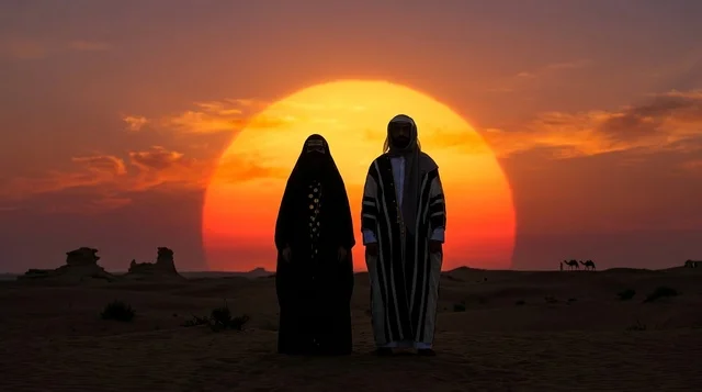زوجان سعوديان بالزي التقليدي في الصحراء عند الغروب