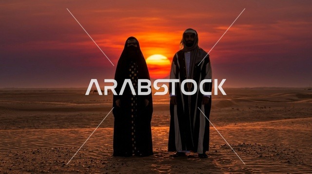زوجين سعوديين في الصحراء وقت الغروب بالزي التقليدي