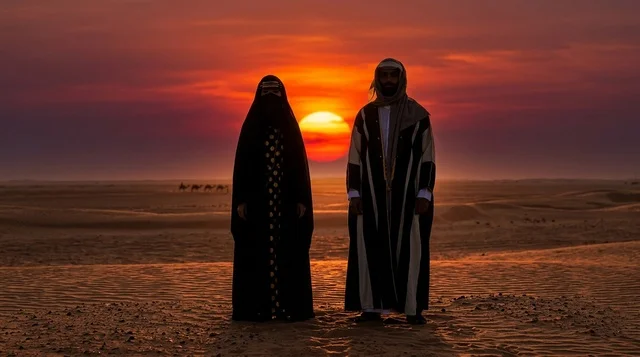 زوجين سعوديين في الصحراء وقت الغروب بالزي التقليدي